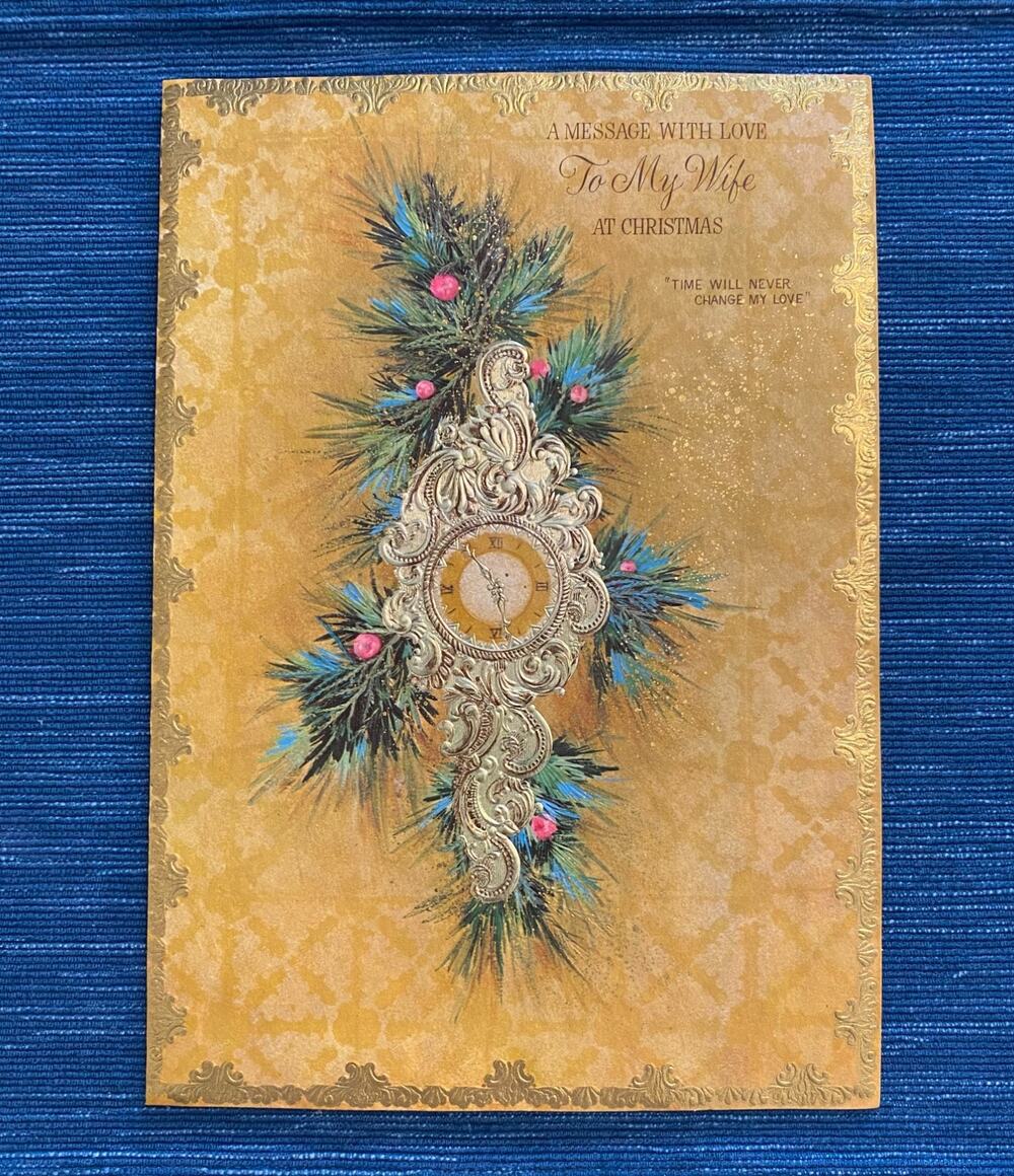 Vintage Unused Hallmark Christmas Card To My Wife Gold Clock Retro 72B